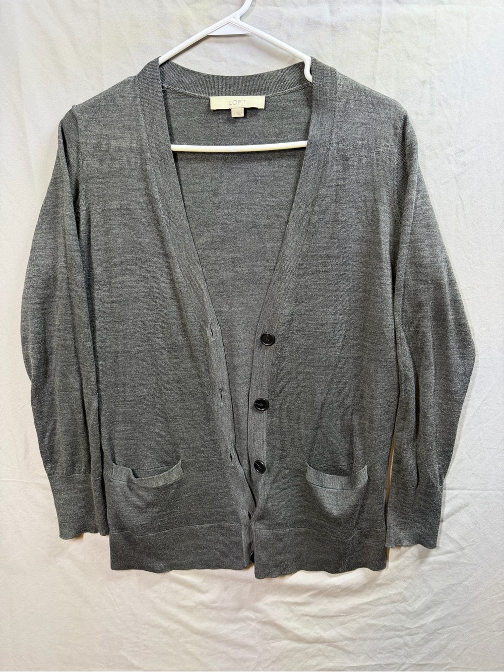 LOFT Gray V-Neck Button Front Cardigan